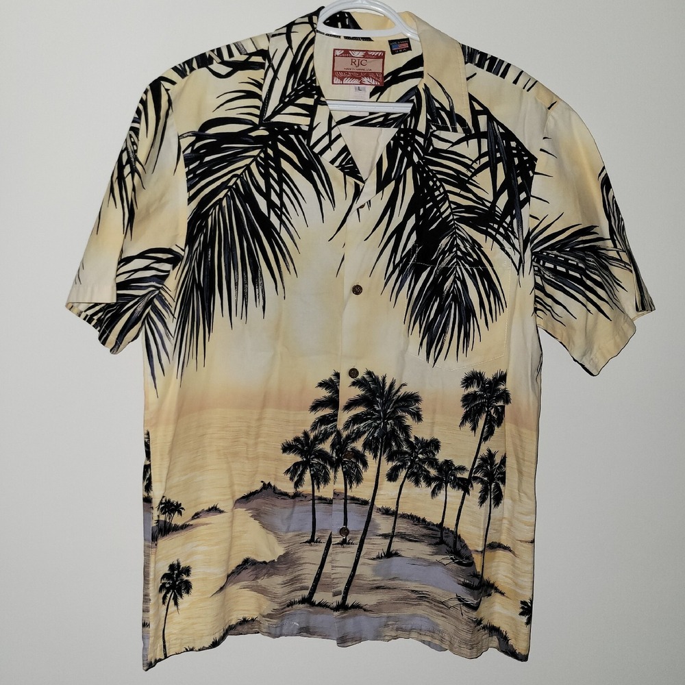 Vintage RJC Hawaiian Button Up Yellow Palm Trees Made In USA Men's Size Large